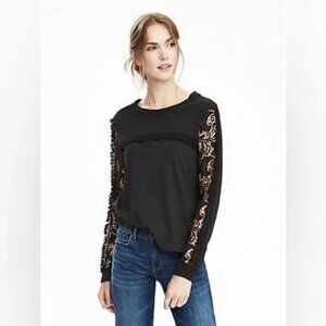 Banana Republic | Long Sleeve Fringe Top with Crochet Sleeves | Black | XL
